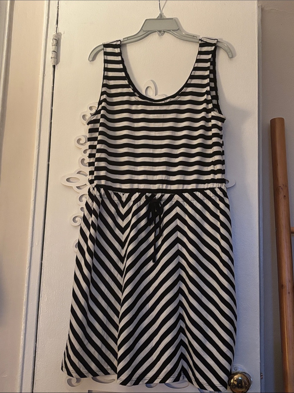 Striped Black & White Sleeveless Drawstring Dress